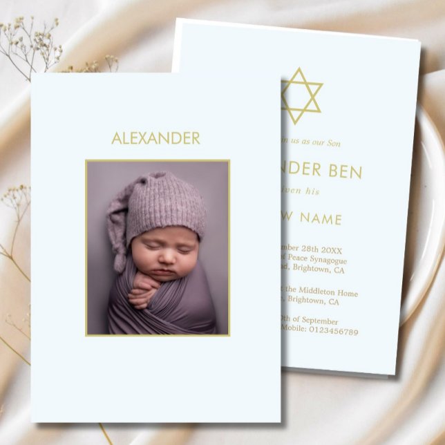 Convite Jewish Baby Naming Photo Blue Dourado Boys Religiã (Criador carregado)