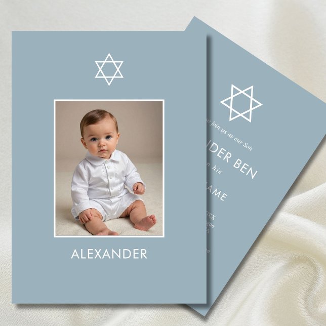 Convite Jewish Baby Naming Photo Blue White Hebraico (Criador carregado)