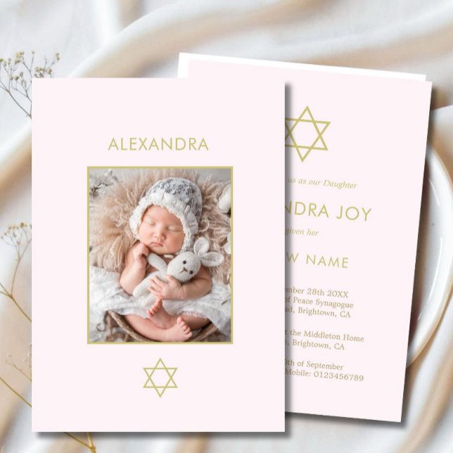 Convite Jewish Baby Naming Photo Pink Dourada Girl Religiã (Criador carregado)