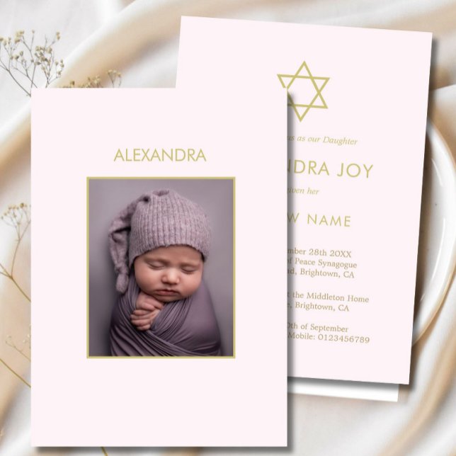 Convite Jewish Baby Naming Photo Pink Dourada Girl Religiã (Criador carregado)