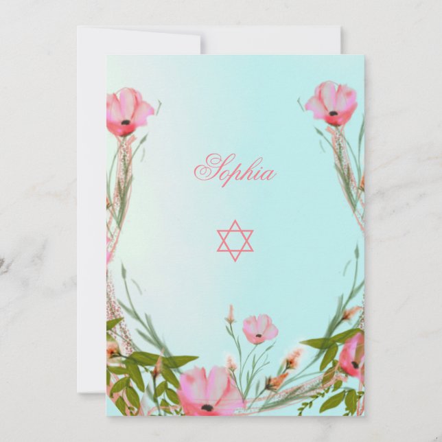 Convite Jewish Floral Blue Pink Naming Star de David (Verso)