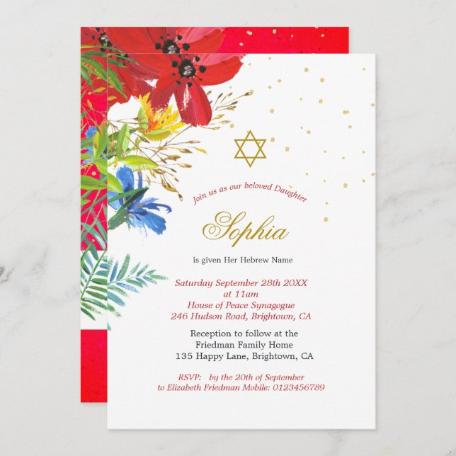 Convite Jewish Girl Baby Naming Red Wild Flowers Religião (Frente/Verso)