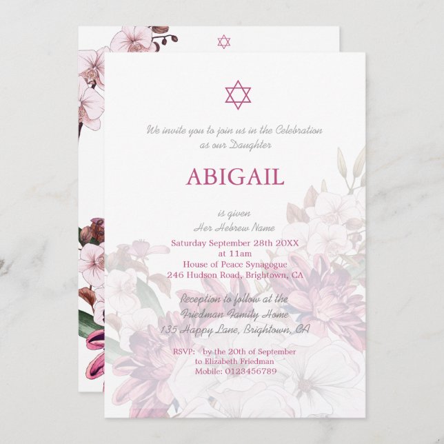 Convite Jewish Girl Floral Naming Ceremony Hebraico (Frente/Verso)