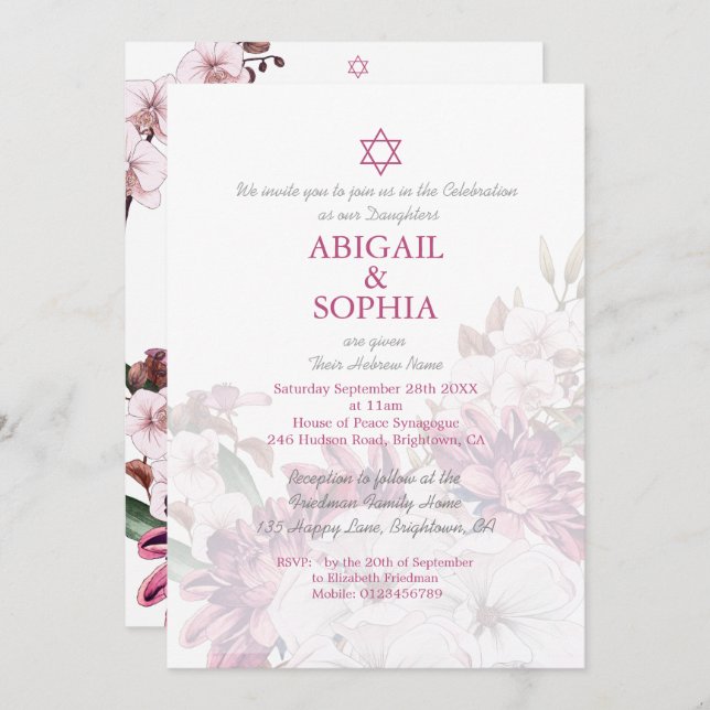 Convite Jewish Twin Girls Floral Naming Ceremony Hebraico (Frente/Verso)
