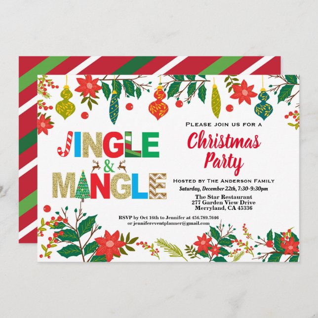 Convite Jingle e Mingle, Festa de Natal, branco e ouro (Frente/Verso)