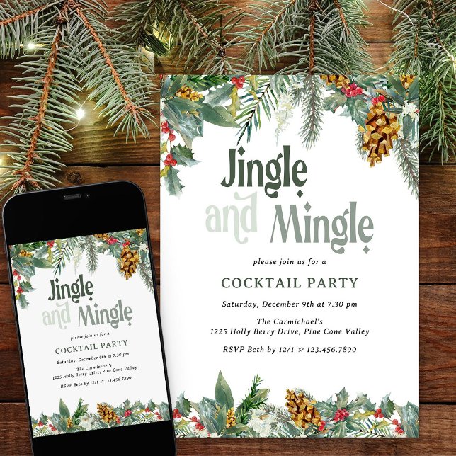 Convite Jingle e Mingle Holly Pine Coctail de Natal (Jinghle & Mingle christmas cocktail party invitation with holly and pine cones)