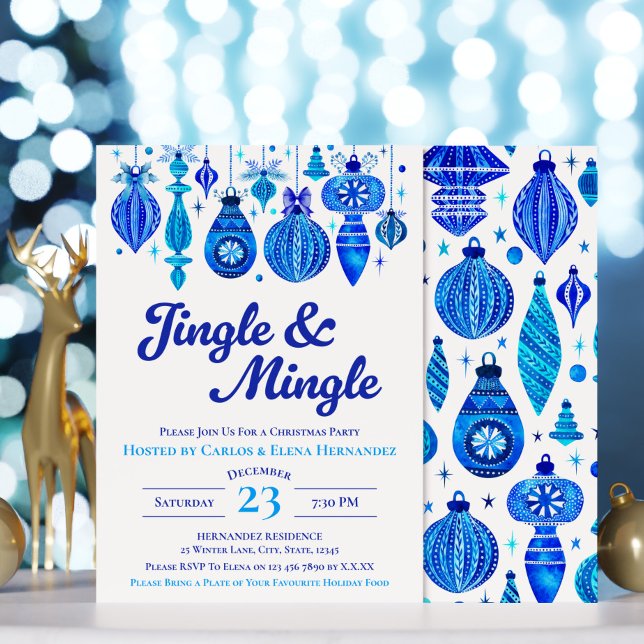 Convite Jingle & Mingle Blue Christmas Baubles Watercolor (Jingle & Mingle Blue Christmas Baubles Watercolor Invitation)