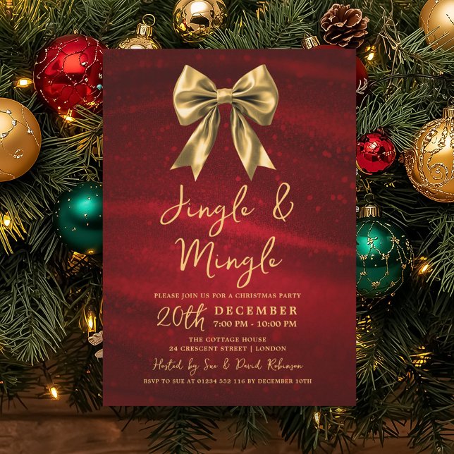 Convite Jingle Mingle Christmas Party Gold Bow Silver Red (Jingle Mingle Christmas Party Gold Bow Silver Red Invitation)