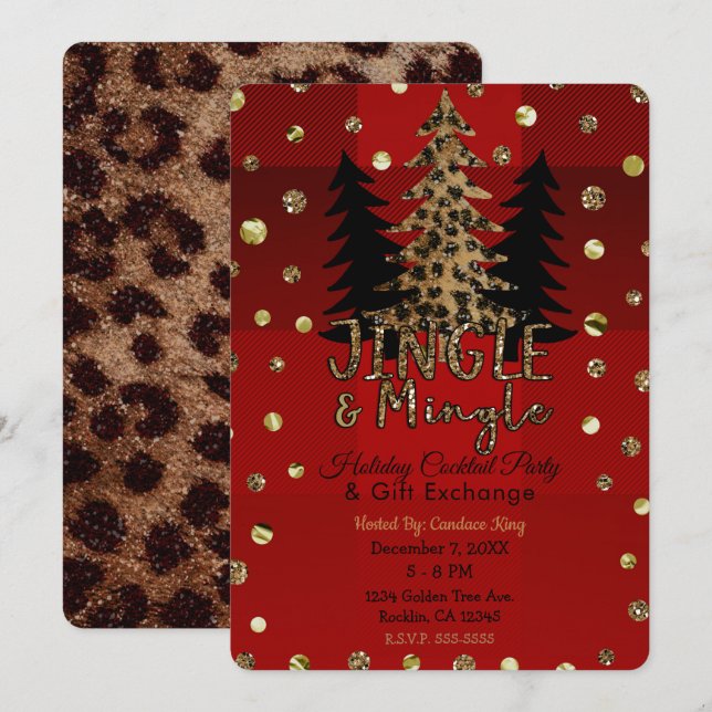 Convite Jingle & Mingle Dourado Glamour Leopardo Festa de  (Frente/Verso)