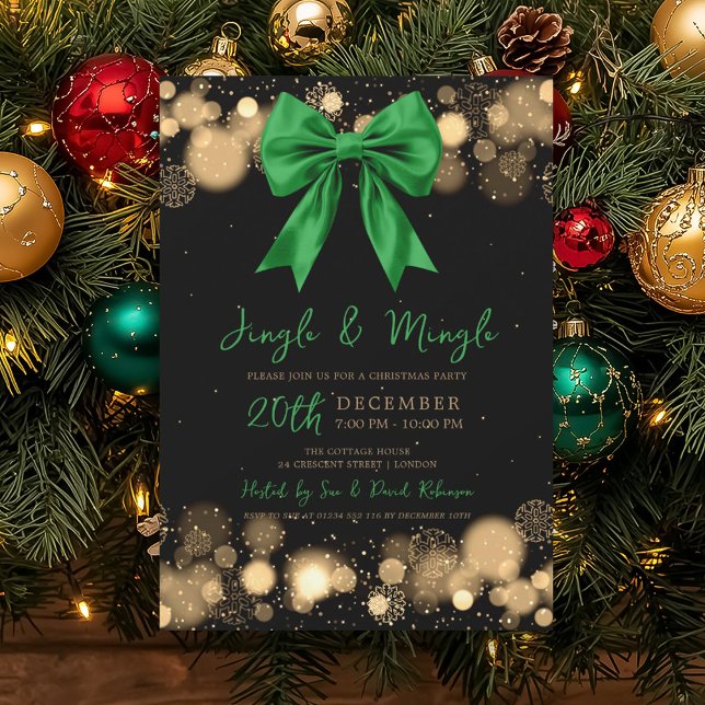 Convite Jingle Mingle Festa de Natal Inverno Arco Verde Do (Jingle Mingle Xmas Party Winter Gold Bow Green Invitation)
