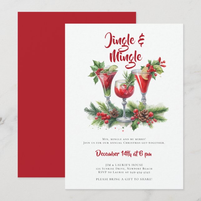 Convite Jingle Mingle Holiday Cocktail Red Christmas Party (Frente/Verso)