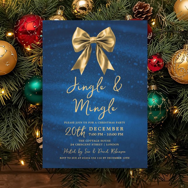 Convite Jingle Mingle Natal Dourado Arco Prata Azul  (Jingle Mingle Christmas Gold Bow Silver Blue Invitation)
