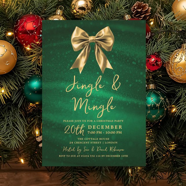 Convite Jingle Mingle Natal Dourado Arco Prata Verde (Jingle Mingle Christmas Gold Bow Silver Green Invitation)