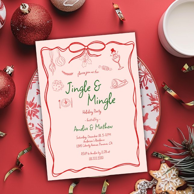 Convite Jingle Mingle Natal Vermelho Desenhos à Mão (Criador carregado)