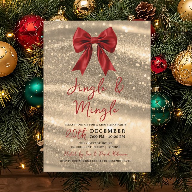 Convite Jingle & Mingle Xmas Party Gold Sparkle Red Bow  (Jingle & Mingle Xmas Party Gold Sparkle Red Bow Invitation)