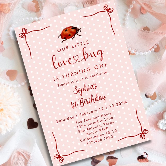 Convite Joaninha Excêntrica Amor Menina Bug 1º Aniversário (Criador carregado)