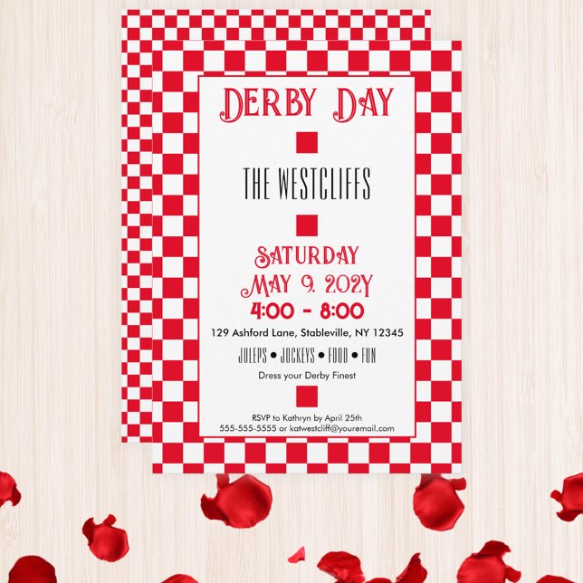 Convite Jockey Seda Xadrez Vermelho e Branco Derby (Red and White Checkerboard Jockey Silks Derby Horse Racing Party Invitation)