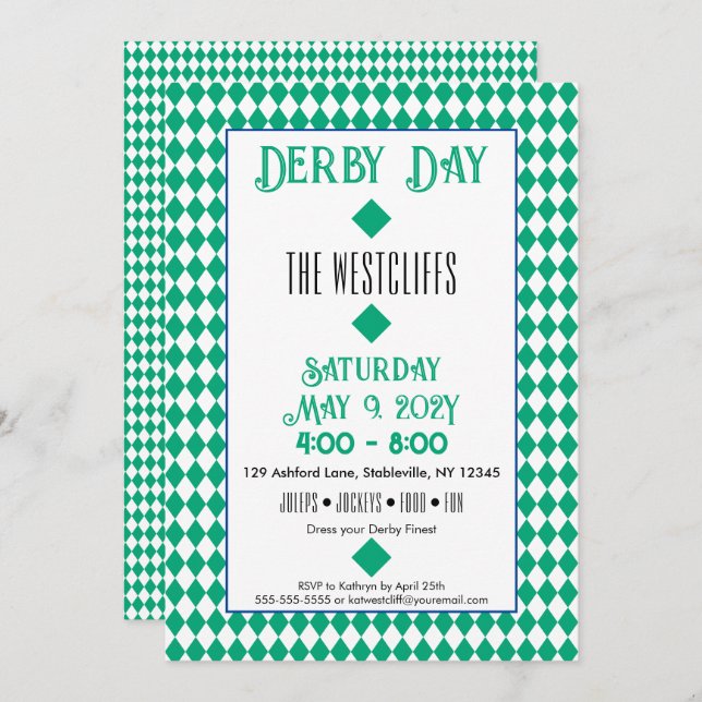 Convite Jockey Silk Diamantes Green e White Derby (Frente/Verso)