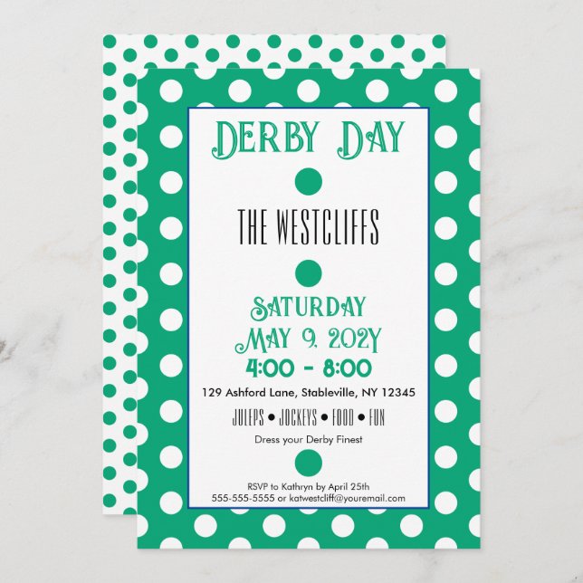 Convite Jockey Silk Dots Green and White Derby Party (Frente/Verso)