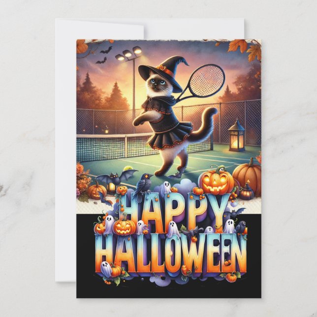 Convite Jogador de Tênis de Gato no Dia das Bruxas (Frente)