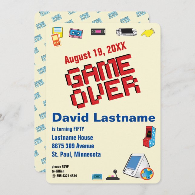 Convite Jogador de Vídeo Retro Divertido 🎮 50º aniversári (Frente/Verso)