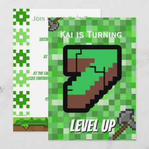 Convite Jogador Pixelado Verde Subiu de Nível Aniversário 