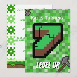 Convite Jogador Pixelado Verde Subiu de Nível Aniversário 