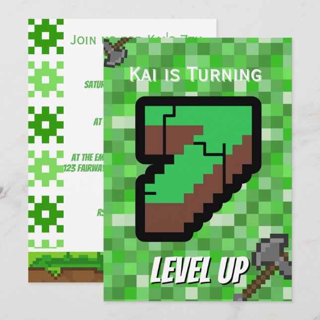 Convite Jogador Pixelado Verde Subiu de Nível Aniversário  (Frente/Verso)