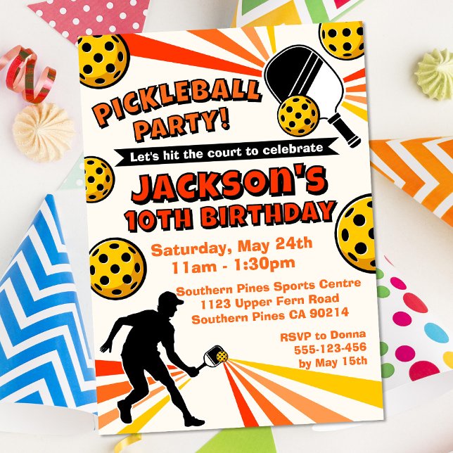 Convite Jogadores De Festa de aniversário De Pickleball Re (Pickleball Birthday Party Invitation - Orange/Yellow)