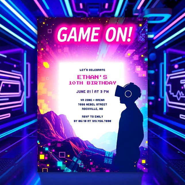 Convite Jogo Ativado para Crianças e Jogadores de Festa de (Personalized VR Birthday Party Invitation Virtual Reality Theme for Boys & Gamer Kids)