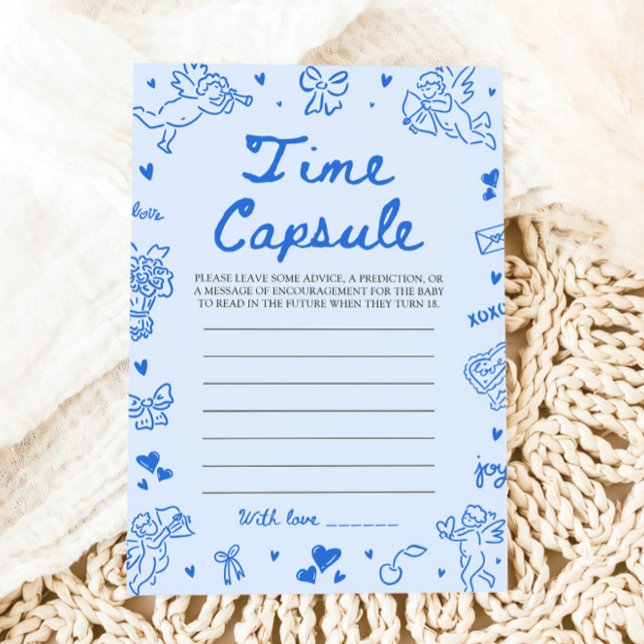 Convite Jogo Cápsula do Tempo para Chá de Bebê Desenhado à (Blue Hand Drawn Baby Shower Time Capsule Game)
