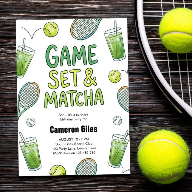 Convite Jogo, Conjunto e Matcha Surpresa de Aniversário de (Invitation for tennis player, coach or tennis club with fun matcha and tenniscore aesthetic.)