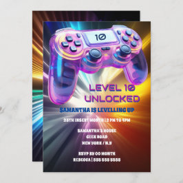 Convite Jogo controlador vídeo neon starburst garotas