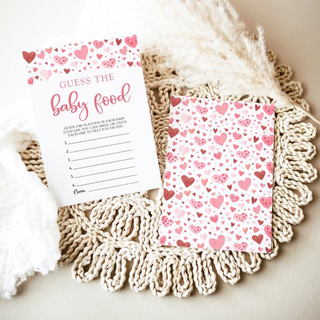 Convite Jogo de Adivinhação de Comida de Bebê Corações Ros (Watercolor Cute Pink Red Hearts Valentine Sweetheart Baby Girl Guess the Baby Food Baby Shower Game)