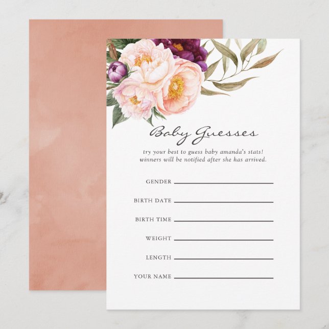 Convite Jogo de Adivinhação do Chá de fraldas Floral Peach (Frente/Verso)