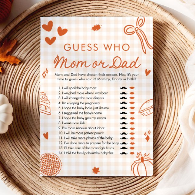 Convite Jogo de Advinhação Quem é Mamãe ou Papai Laranja d (Orange Fall Cutie Pie Guess Who Mom or Dad Game)