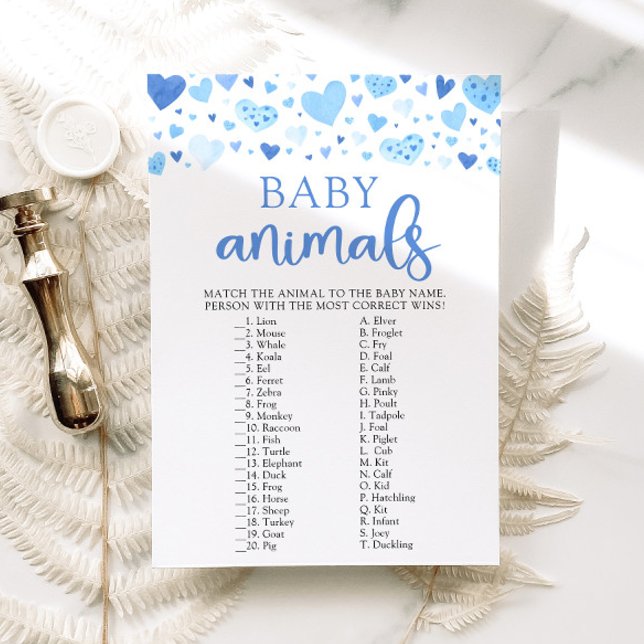 Convite Jogo de Animais Bebês no Chá de Bebê Blue Valentin (Watercolor Blue Hearts Valentine Sweetheart February Heartbreaker Boy Baby Animals Baby Shower Game)