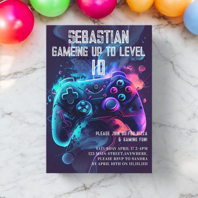 Convite Jogo de aniversário divertido (gaming birthday invitation fully editable and downloadable if needed , modern simple leveling up )