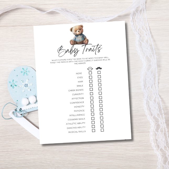 Convite Jogo de Baby Shower Bebê Menino Características do (Baby Shower Traits Game for Baby  boy shower with Blue Teddy Bear.)