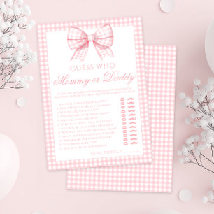 Convite Jogo de baby shower laço xadrez rosa mamãe ou papa