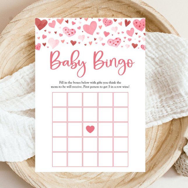 Convite Jogo de bebê da valentine baby com corações rosa d (Watercolor Cute Pink Red Hearts Valentine A Little Sweetheart Girl Baby Bingo Baby Shower Game)