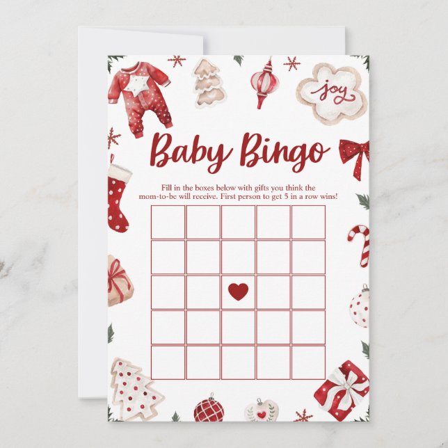 Convite Jogo de Bingo de Bebê de Natal de Inverno Vermelho (Frente)