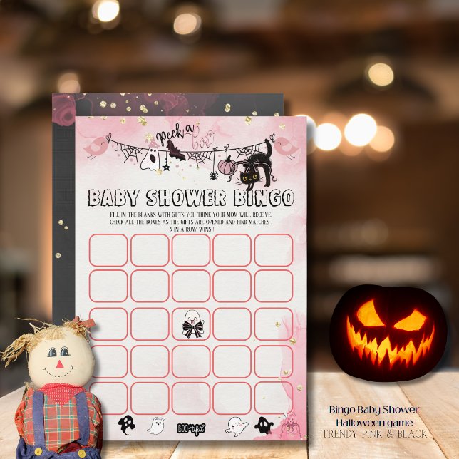 Convite Jogo de Bingo de Chá de fraldas Negro e Rosa-Bonit (Spooky-Cute Pink & Black Baby Shower Bingo Game Invitation)