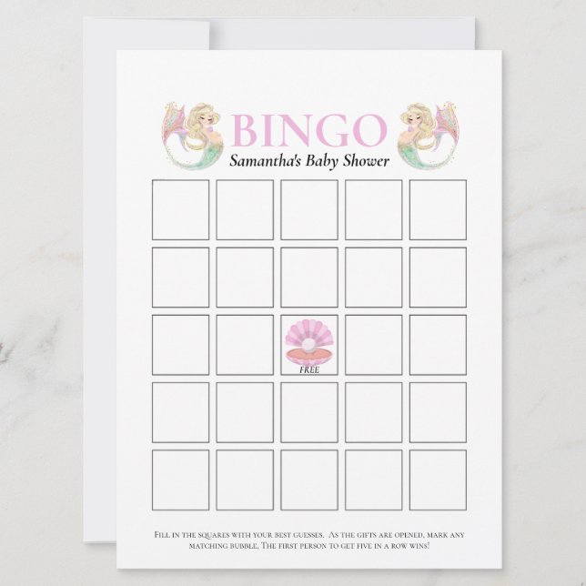 Convite Jogo de Bingo de Chuveiro de Bebê Sereia Rosa Pont (Frente)