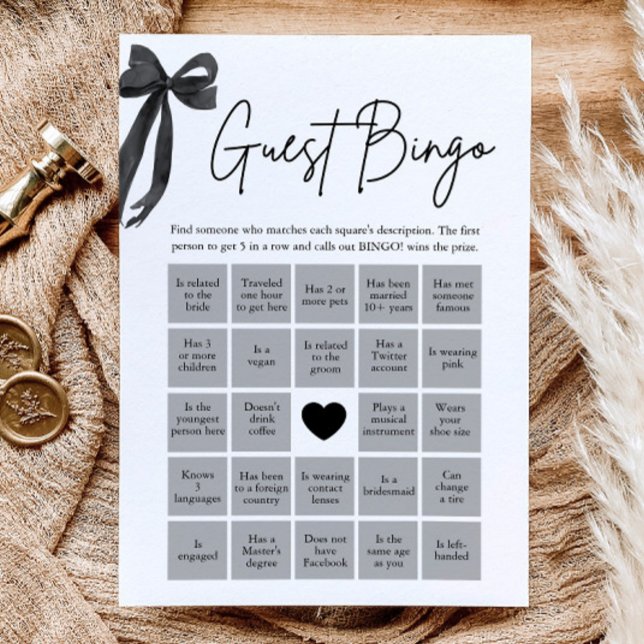 Convite Jogo de Bingo de Encontrar o Convidado com Laço Pr (Black Bow Find the Guest Bingo Bridal Shower Game)