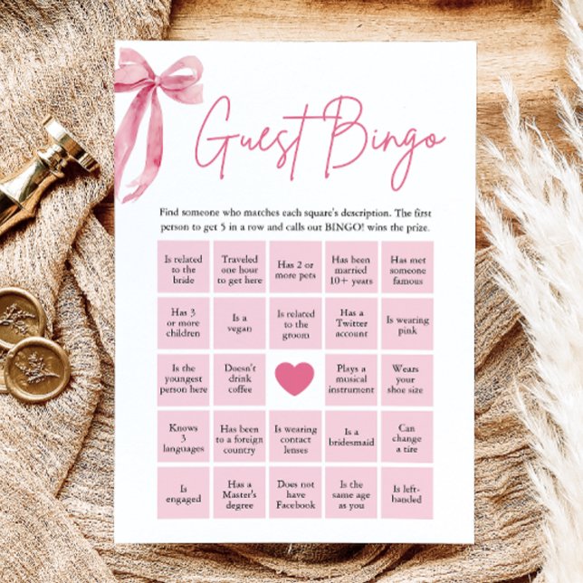Convite Jogo de Bingo de Encontrar o Convidado com Laço Ro (Pink Bow Find the Guest Bingo Bridal Shower Game)