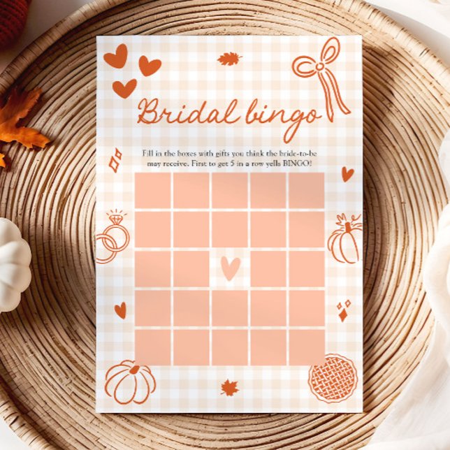 Convite Jogo de Bingo de Noiva com Xadrez Laranja Desenhad (Fall Hand Drawn Orange Gingham Bridal Bingo Game)