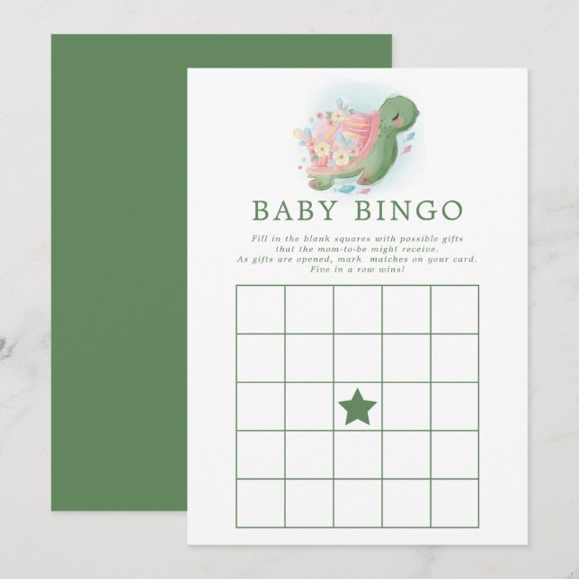 Convite Jogo de Bingo para Chá de Bebê com Tartaruga Marin (Frente/Verso)