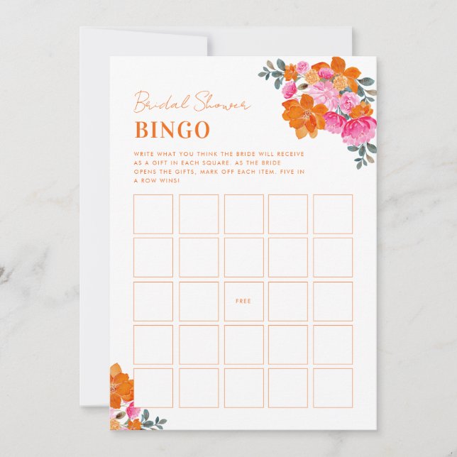 Convite Jogo de Bingo para Chá de Noiva com Flores Laranja (Frente)