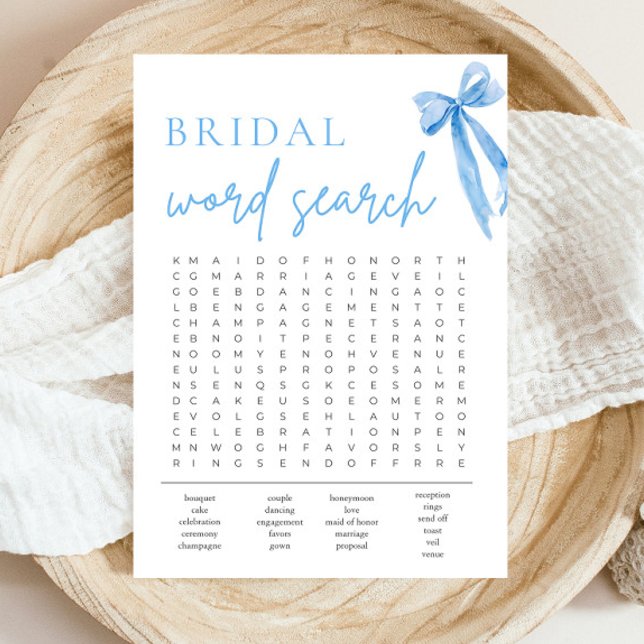 Convite Jogo de Busca de Palavras para Chá de Noiva com La (Watercolor Dusty Blue Bow Bridal Shower Word Search Game )